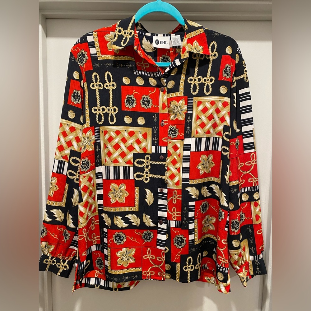 Vintage 80s EHL Red & Black Patterned Long-Sleeve Button-Up Blouse Top